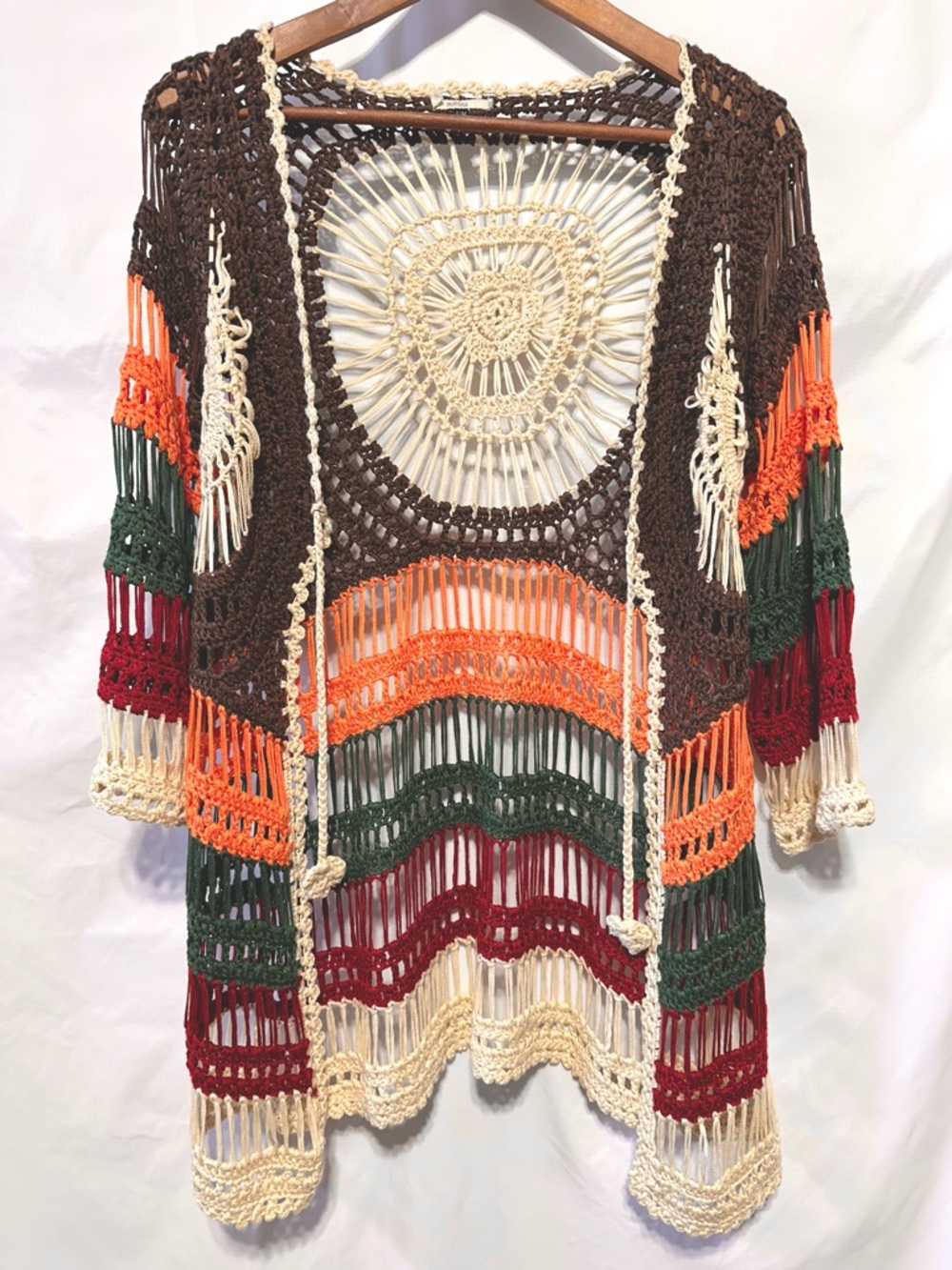 NOBLITA Crochet Fringe Duster Boho Festival Southwestern Open Knit - Picture 2 of 7